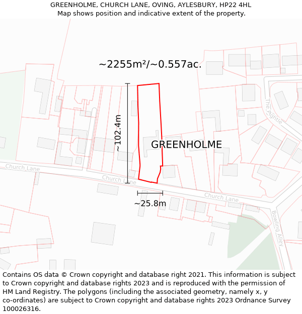 GREENHOLME, CHURCH LANE, OVING, AYLESBURY, HP22 4HL: Plot and title map