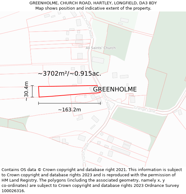 GREENHOLME, CHURCH ROAD, HARTLEY, LONGFIELD, DA3 8DY: Plot and title map