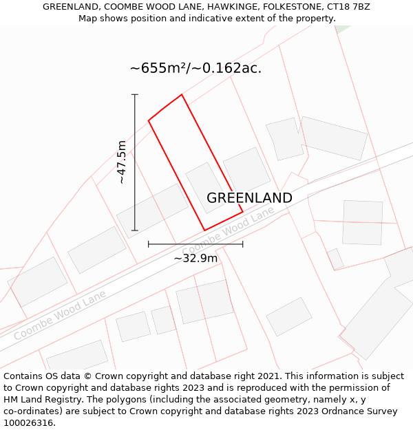 GREENLAND, COOMBE WOOD LANE, HAWKINGE, FOLKESTONE, CT18 7BZ: Plot and title map