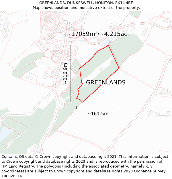 GREENLANDS, DUNKESWELL, HONITON, EX14 4RE: Plot and title map