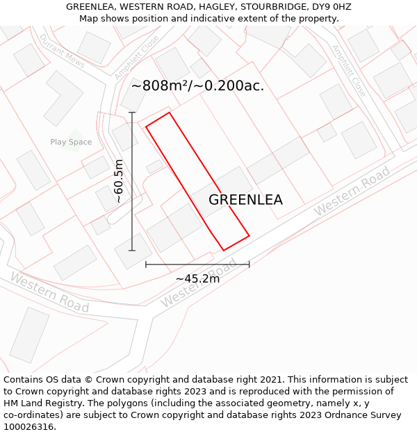 GREENLEA, WESTERN ROAD, HAGLEY, STOURBRIDGE, DY9 0HZ: Plot and title map