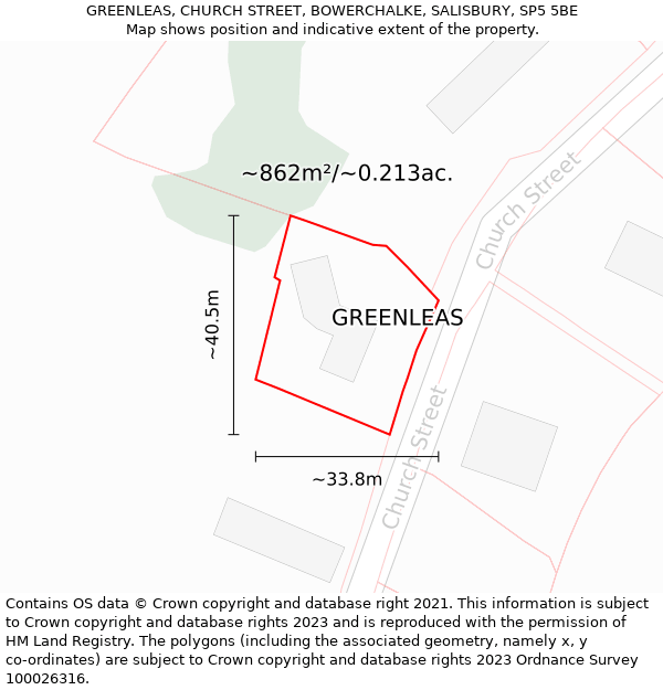 GREENLEAS, CHURCH STREET, BOWERCHALKE, SALISBURY, SP5 5BE: Plot and title map