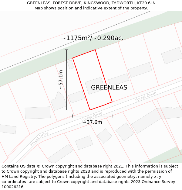 GREENLEAS, FOREST DRIVE, KINGSWOOD, TADWORTH, KT20 6LN: Plot and title map