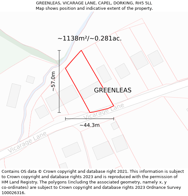 GREENLEAS, VICARAGE LANE, CAPEL, DORKING, RH5 5LL: Plot and title map