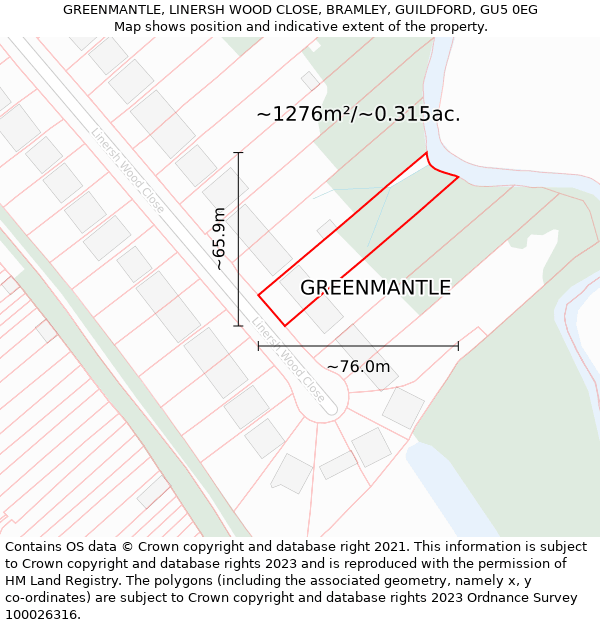 GREENMANTLE, LINERSH WOOD CLOSE, BRAMLEY, GUILDFORD, GU5 0EG: Plot and title map