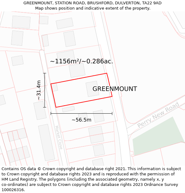 GREENMOUNT, STATION ROAD, BRUSHFORD, DULVERTON, TA22 9AD: Plot and title map