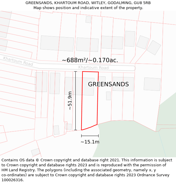 GREENSANDS, KHARTOUM ROAD, WITLEY, GODALMING, GU8 5RB: Plot and title map