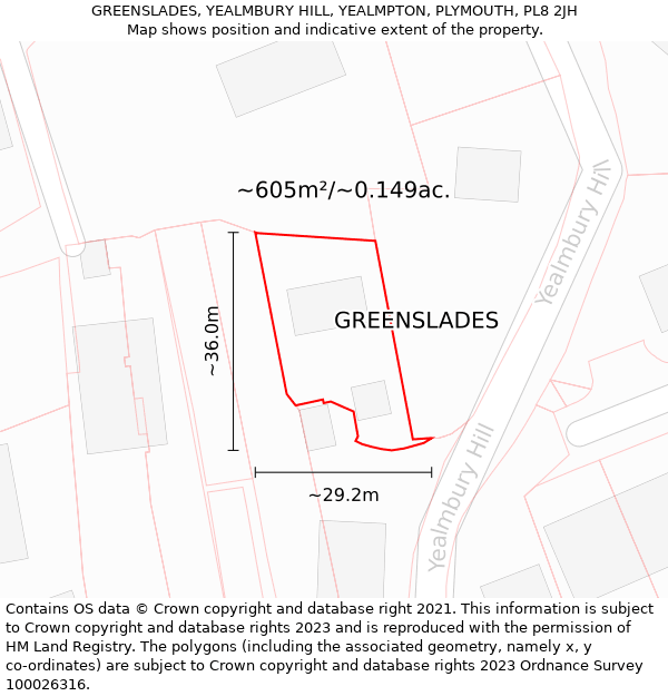 GREENSLADES, YEALMBURY HILL, YEALMPTON, PLYMOUTH, PL8 2JH: Plot and title map