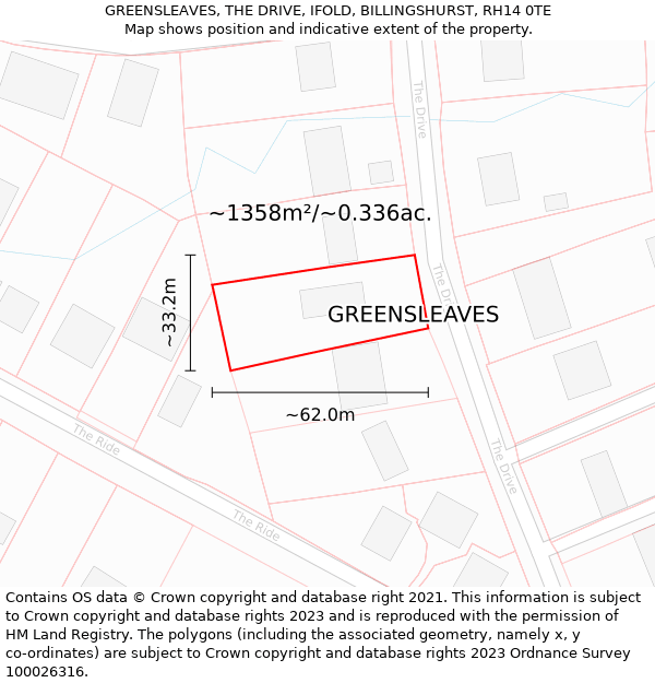 GREENSLEAVES, THE DRIVE, IFOLD, BILLINGSHURST, RH14 0TE: Plot and title map