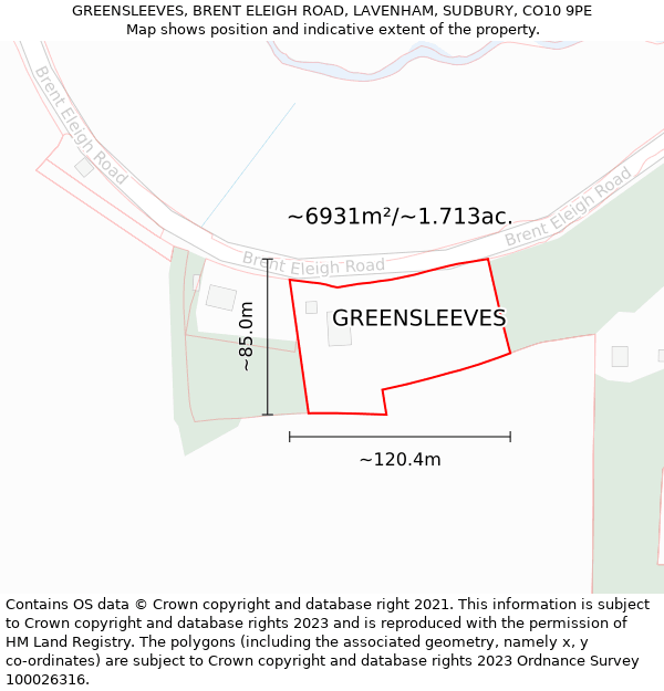 GREENSLEEVES, BRENT ELEIGH ROAD, LAVENHAM, SUDBURY, CO10 9PE: Plot and title map