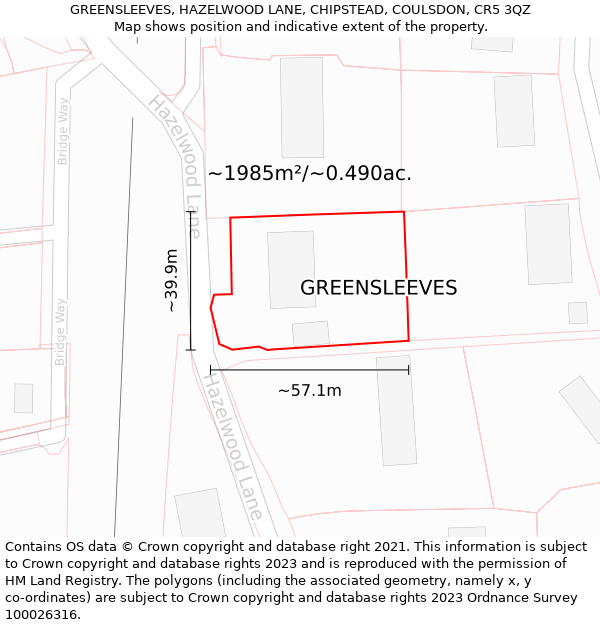 GREENSLEEVES, HAZELWOOD LANE, CHIPSTEAD, COULSDON, CR5 3QZ: Plot and title map