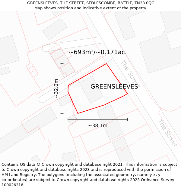 GREENSLEEVES, THE STREET, SEDLESCOMBE, BATTLE, TN33 0QG: Plot and title map