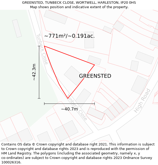 GREENSTED, TUNBECK CLOSE, WORTWELL, HARLESTON, IP20 0HS: Plot and title map