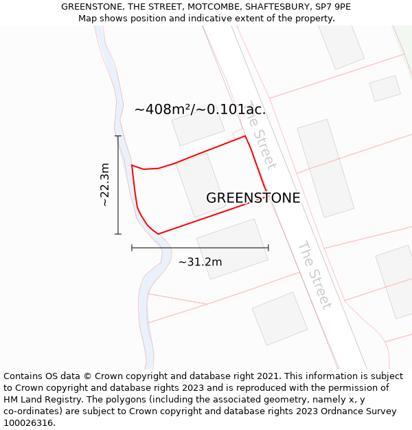GREENSTONE, THE STREET, MOTCOMBE, SHAFTESBURY, SP7 9PE: Plot and title map