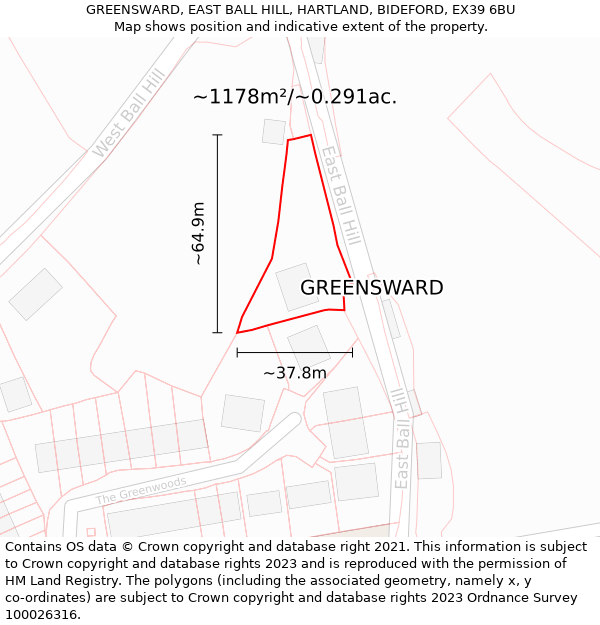 GREENSWARD, EAST BALL HILL, HARTLAND, BIDEFORD, EX39 6BU: Plot and title map