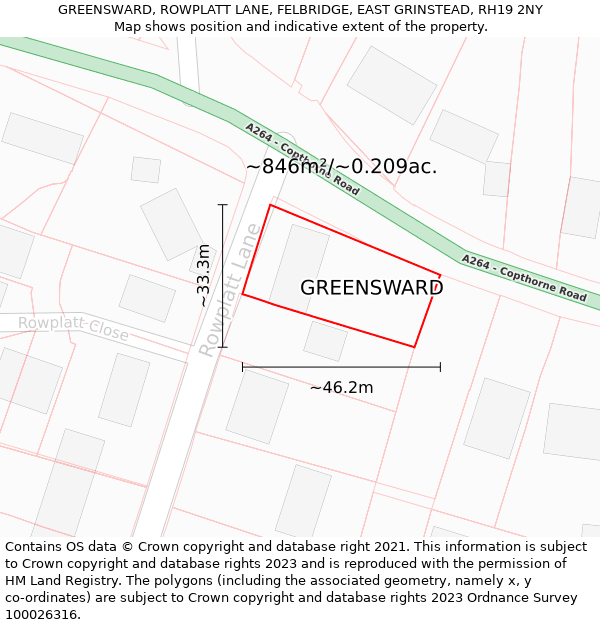 GREENSWARD, ROWPLATT LANE, FELBRIDGE, EAST GRINSTEAD, RH19 2NY: Plot and title map