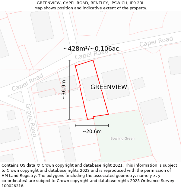 GREENVIEW, CAPEL ROAD, BENTLEY, IPSWICH, IP9 2BL: Plot and title map