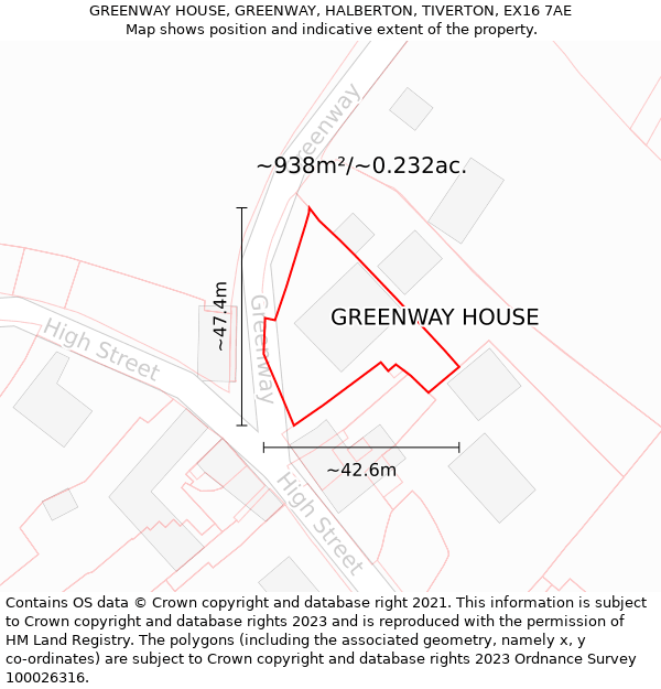 GREENWAY HOUSE, GREENWAY, HALBERTON, TIVERTON, EX16 7AE: Plot and title map