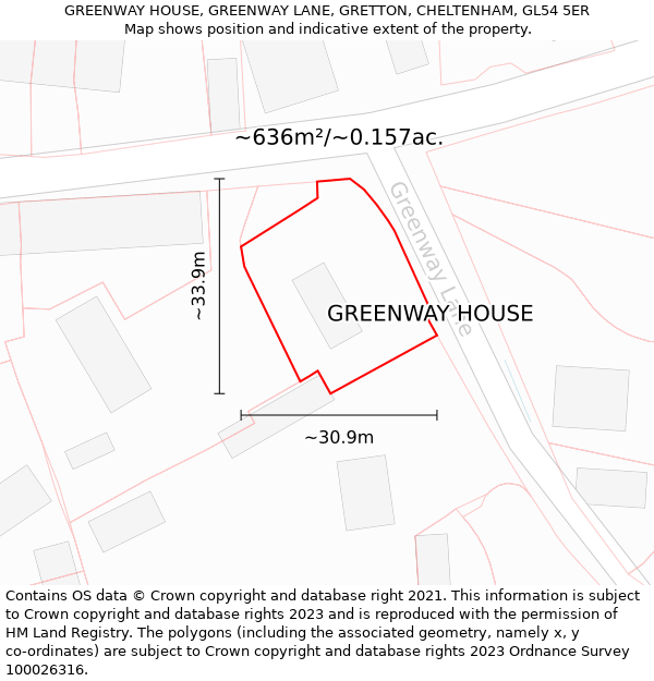 GREENWAY HOUSE, GREENWAY LANE, GRETTON, CHELTENHAM, GL54 5ER: Plot and title map