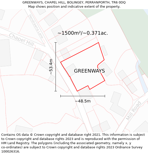 GREENWAYS, CHAPEL HILL, BOLINGEY, PERRANPORTH, TR6 0DQ: Plot and title map