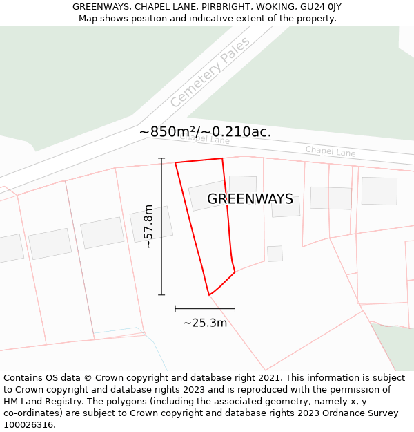 GREENWAYS, CHAPEL LANE, PIRBRIGHT, WOKING, GU24 0JY: Plot and title map