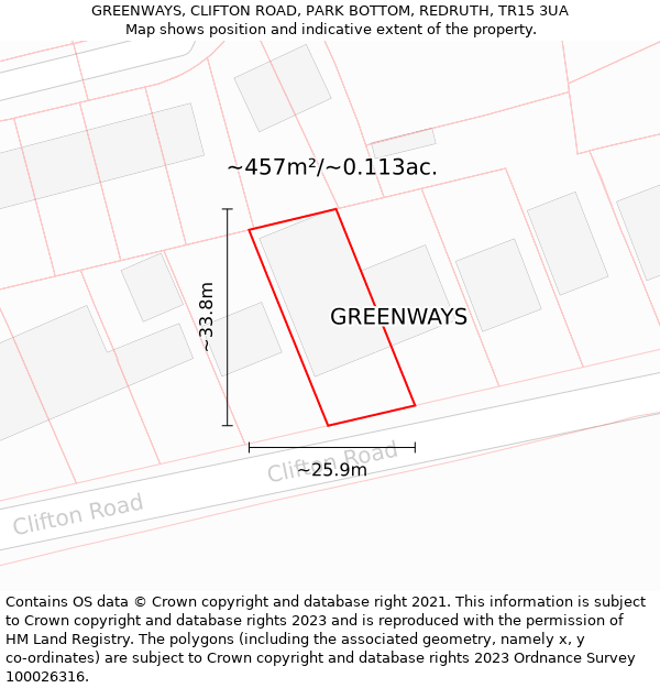 GREENWAYS, CLIFTON ROAD, PARK BOTTOM, REDRUTH, TR15 3UA: Plot and title map