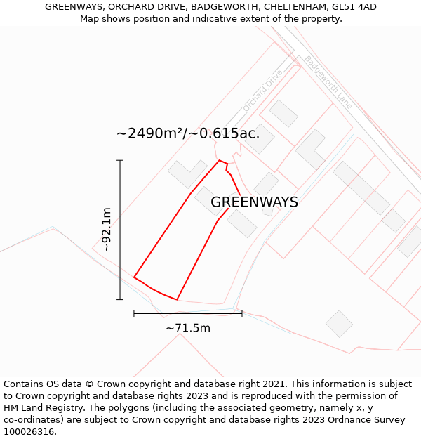 GREENWAYS, ORCHARD DRIVE, BADGEWORTH, CHELTENHAM, GL51 4AD: Plot and title map