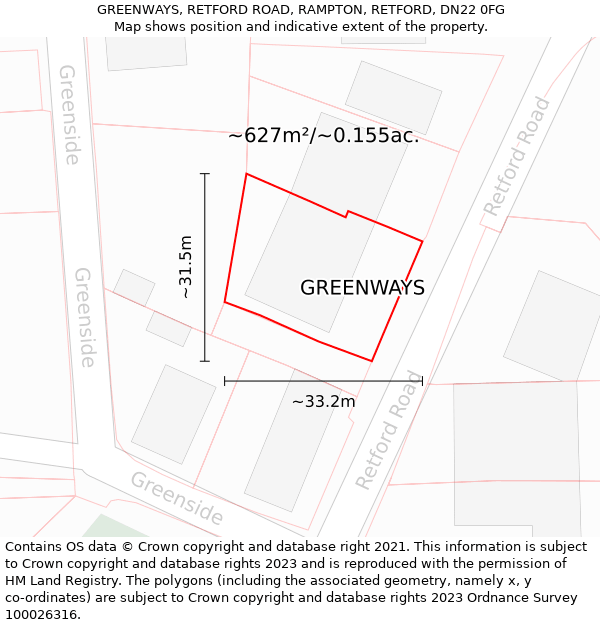 GREENWAYS, RETFORD ROAD, RAMPTON, RETFORD, DN22 0FG: Plot and title map