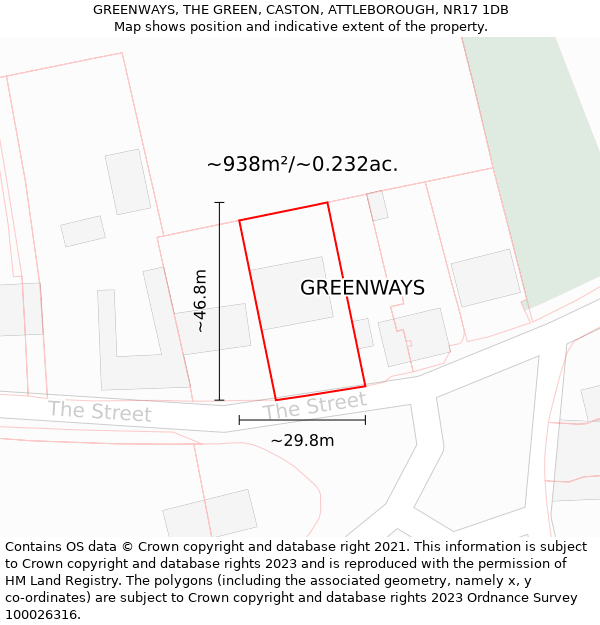 GREENWAYS, THE GREEN, CASTON, ATTLEBOROUGH, NR17 1DB: Plot and title map