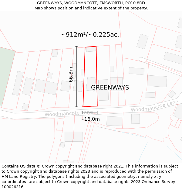 GREENWAYS, WOODMANCOTE, EMSWORTH, PO10 8RD: Plot and title map