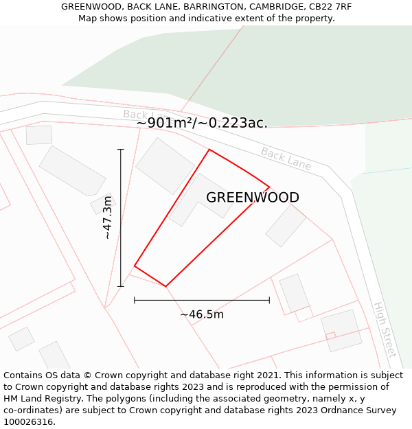 GREENWOOD, BACK LANE, BARRINGTON, CAMBRIDGE, CB22 7RF: Plot and title map