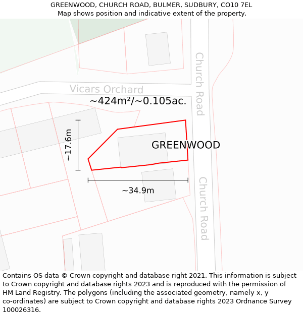 GREENWOOD, CHURCH ROAD, BULMER, SUDBURY, CO10 7EL: Plot and title map