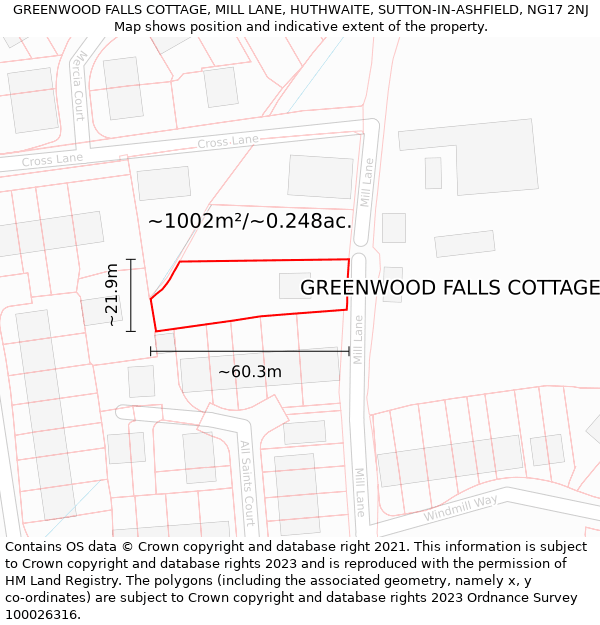 GREENWOOD FALLS COTTAGE, MILL LANE, HUTHWAITE, SUTTON-IN-ASHFIELD, NG17 2NJ: Plot and title map