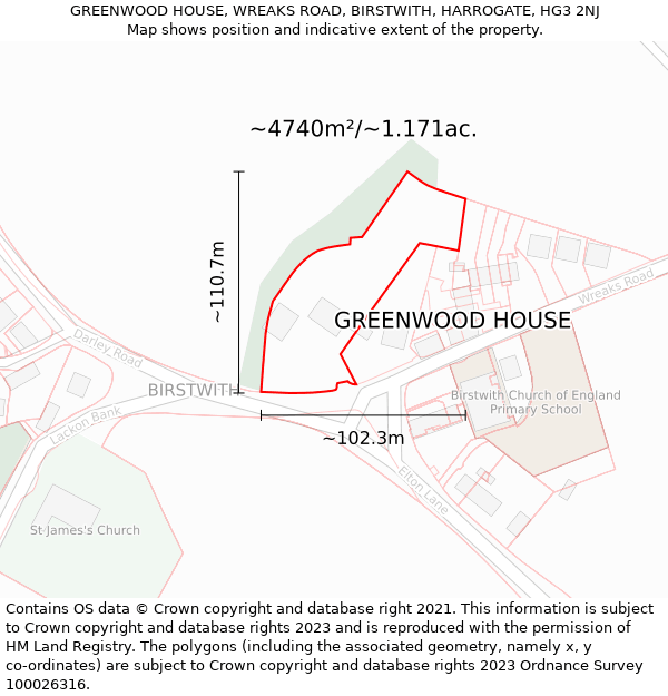 GREENWOOD HOUSE, WREAKS ROAD, BIRSTWITH, HARROGATE, HG3 2NJ: Plot and title map