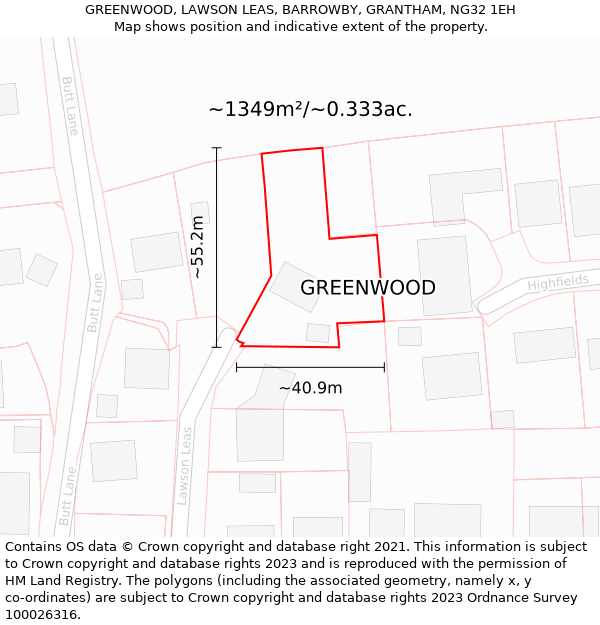 GREENWOOD, LAWSON LEAS, BARROWBY, GRANTHAM, NG32 1EH: Plot and title map