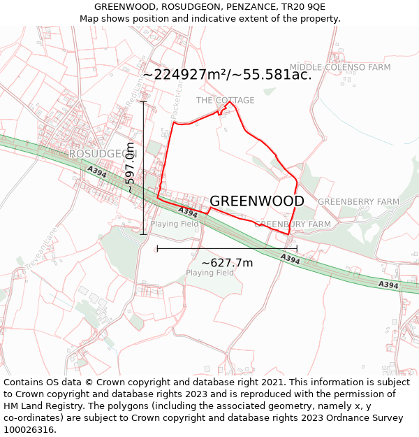 GREENWOOD, ROSUDGEON, PENZANCE, TR20 9QE: Plot and title map