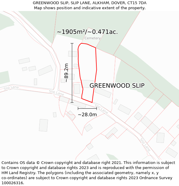 GREENWOOD SLIP, SLIP LANE, ALKHAM, DOVER, CT15 7DA: Plot and title map