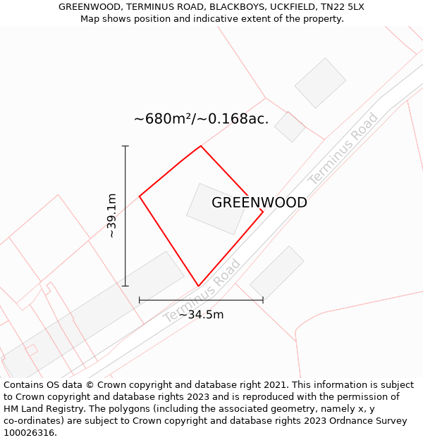 GREENWOOD, TERMINUS ROAD, BLACKBOYS, UCKFIELD, TN22 5LX: Plot and title map