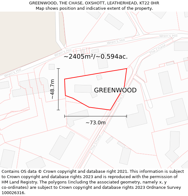 GREENWOOD, THE CHASE, OXSHOTT, LEATHERHEAD, KT22 0HR: Plot and title map