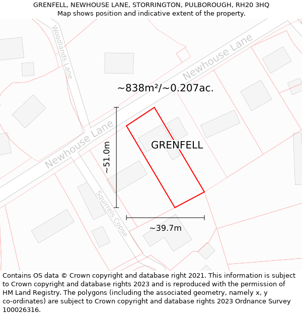 GRENFELL, NEWHOUSE LANE, STORRINGTON, PULBOROUGH, RH20 3HQ: Plot and title map