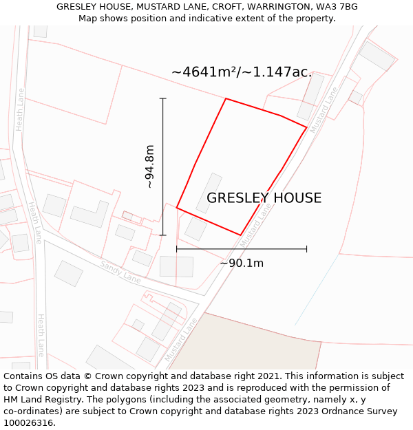 GRESLEY HOUSE, MUSTARD LANE, CROFT, WARRINGTON, WA3 7BG: Plot and title map