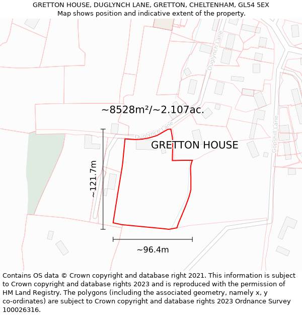 GRETTON HOUSE, DUGLYNCH LANE, GRETTON, CHELTENHAM, GL54 5EX: Plot and title map