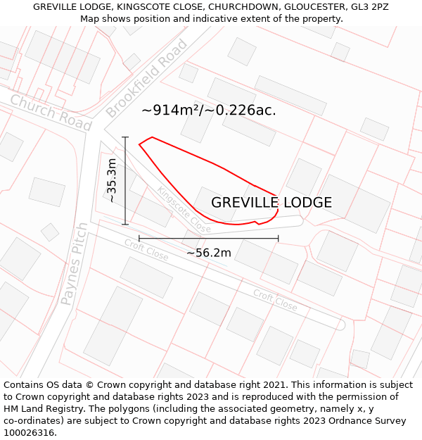 GREVILLE LODGE, KINGSCOTE CLOSE, CHURCHDOWN, GLOUCESTER, GL3 2PZ: Plot and title map