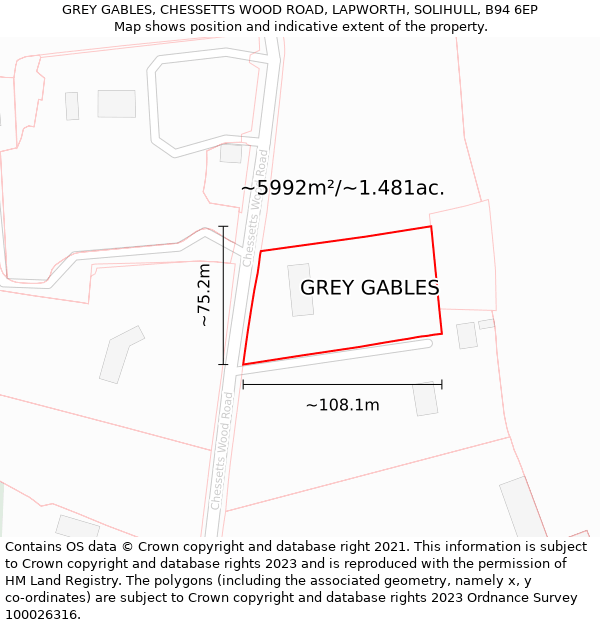 GREY GABLES, CHESSETTS WOOD ROAD, LAPWORTH, SOLIHULL, B94 6EP: Plot and title map