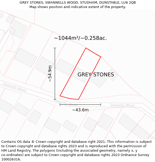 GREY STONES, SWANNELLS WOOD, STUDHAM, DUNSTABLE, LU6 2QB: Plot and title map