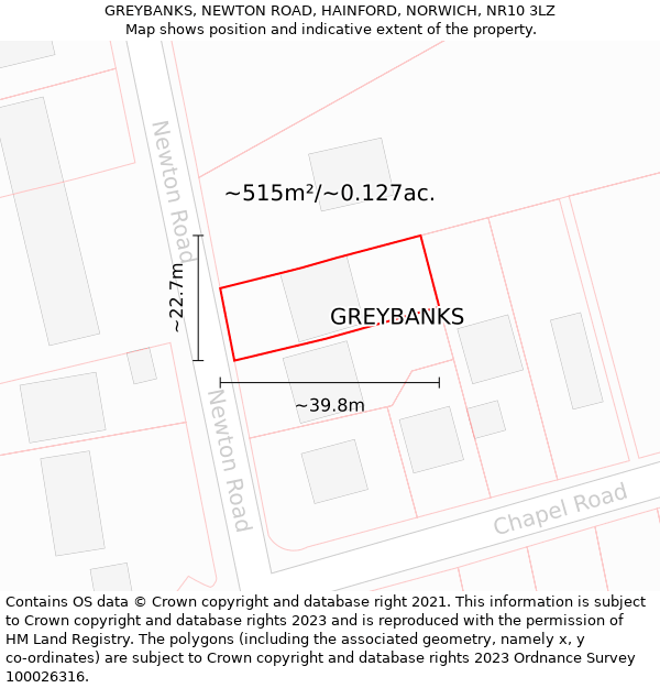 GREYBANKS, NEWTON ROAD, HAINFORD, NORWICH, NR10 3LZ: Plot and title map