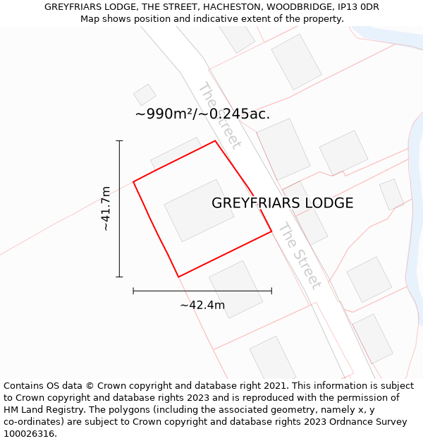 GREYFRIARS LODGE, THE STREET, HACHESTON, WOODBRIDGE, IP13 0DR: Plot and title map