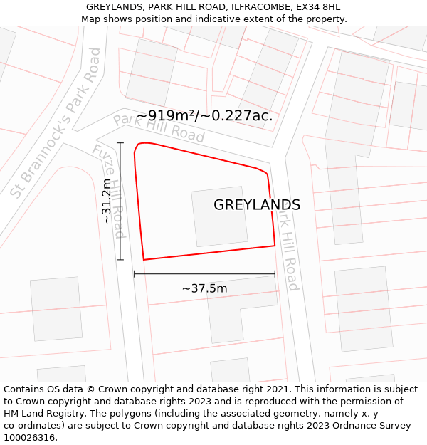 GREYLANDS, PARK HILL ROAD, ILFRACOMBE, EX34 8HL: Plot and title map