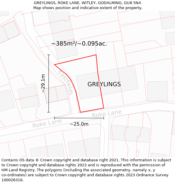 GREYLINGS, ROKE LANE, WITLEY, GODALMING, GU8 5NA: Plot and title map