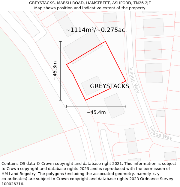 GREYSTACKS, MARSH ROAD, HAMSTREET, ASHFORD, TN26 2JE: Plot and title map